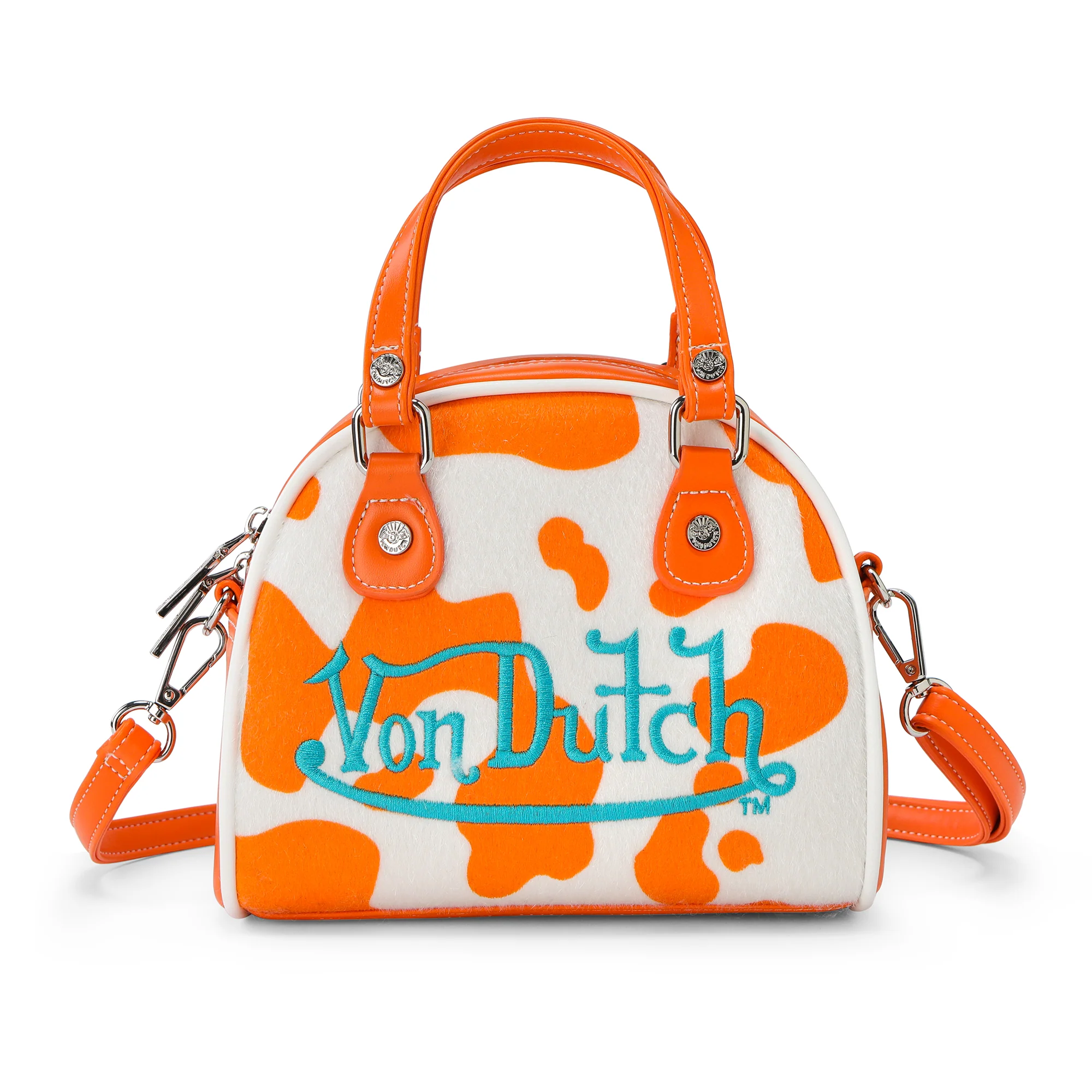 155-orange-cow-print-vegan-pony-hair-bowling-bag-1.webp Orange Cow Print Vegan Pony Hair Bowling Bag