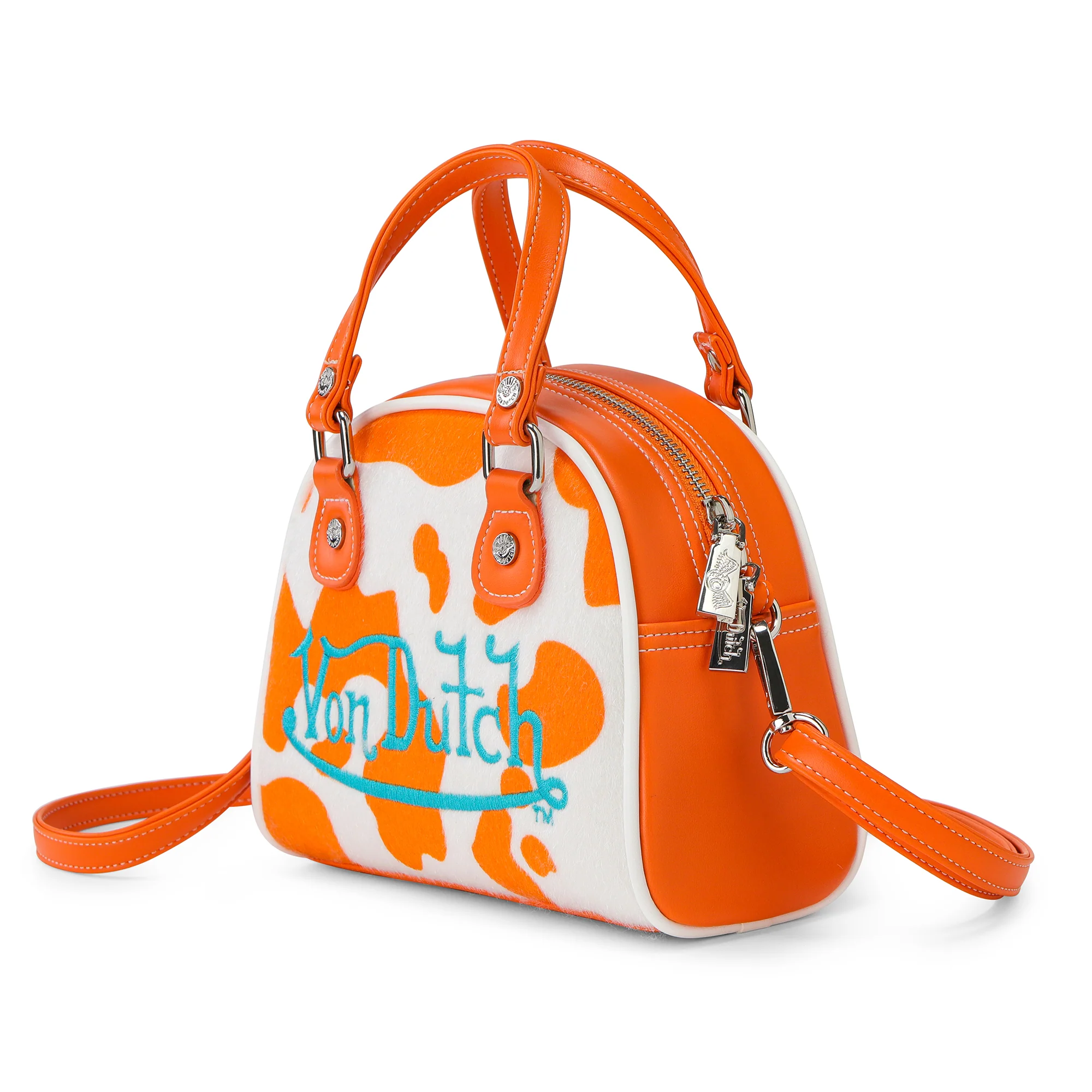 155-orange-cow-print-vegan-pony-hair-bowling-bag-2.webp Orange Cow Print Vegan Pony Hair Bowling Bag