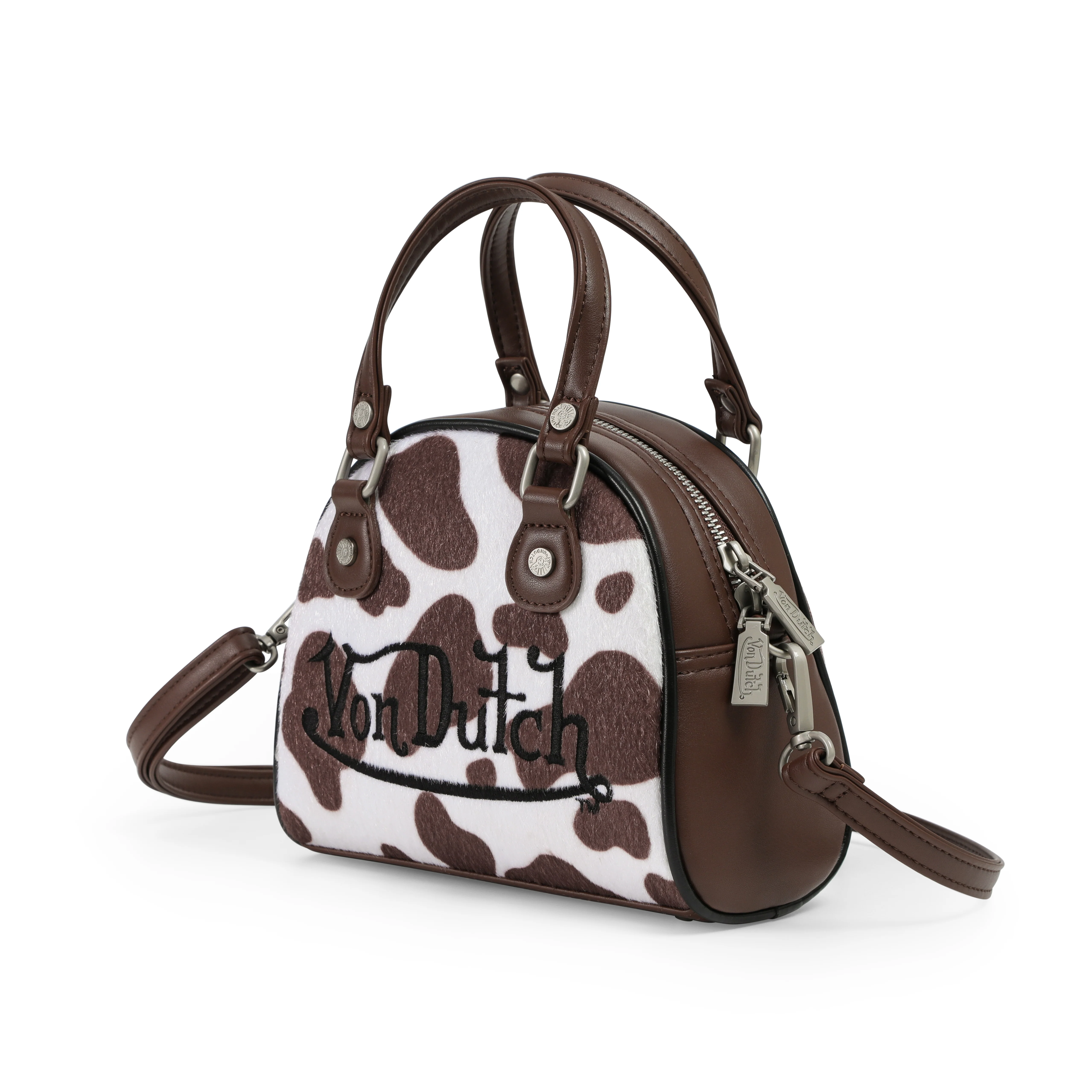 212-brown-white-cow-print-vegan-pony-hair-bowling-bag-2.webp Brown & White Cow Print Vegan Pony Hair Bowling Bag