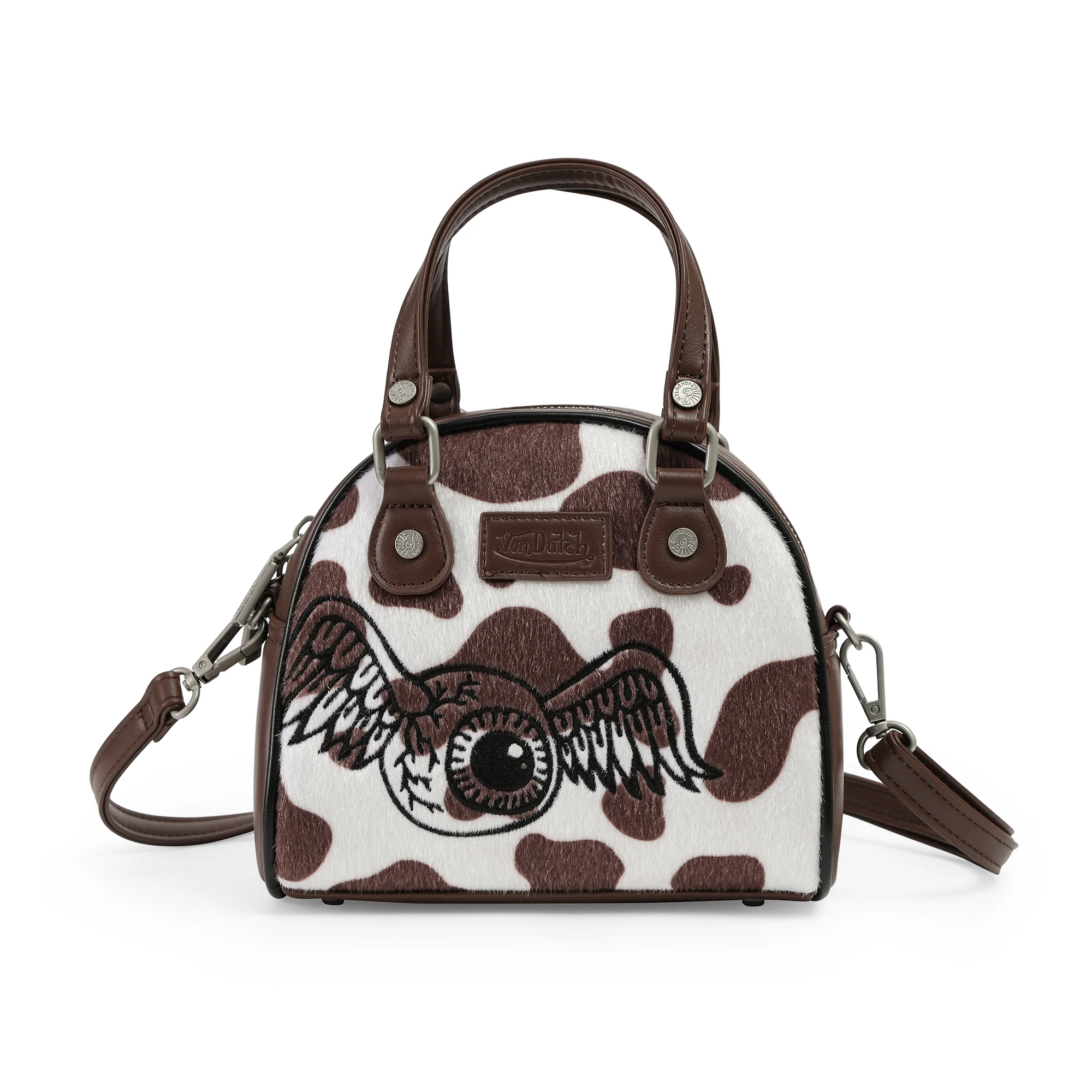 212-brown-white-cow-print-vegan-pony-hair-bowling-bag-3.webp Brown & White Cow Print Vegan Pony Hair Bowling Bag