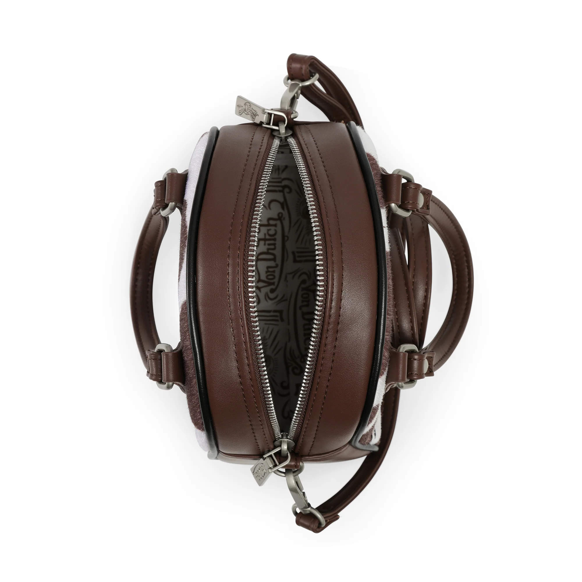 212-brown-white-cow-print-vegan-pony-hair-bowling-bag-5.webp Brown & White Cow Print Vegan Pony Hair Bowling Bag