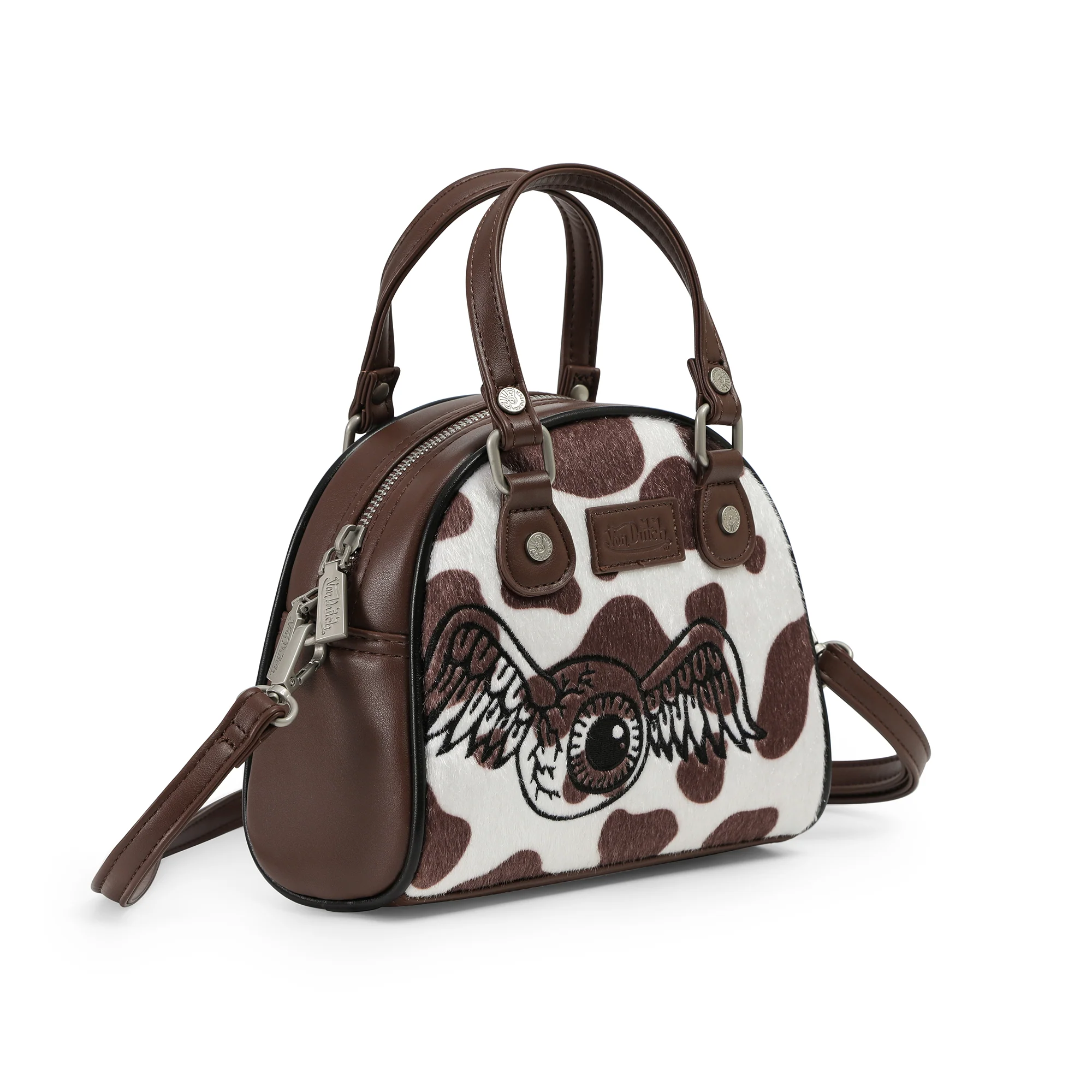 212-brown-white-cow-print-vegan-pony-hair-bowling-bag-6.webp Brown & White Cow Print Vegan Pony Hair Bowling Bag
