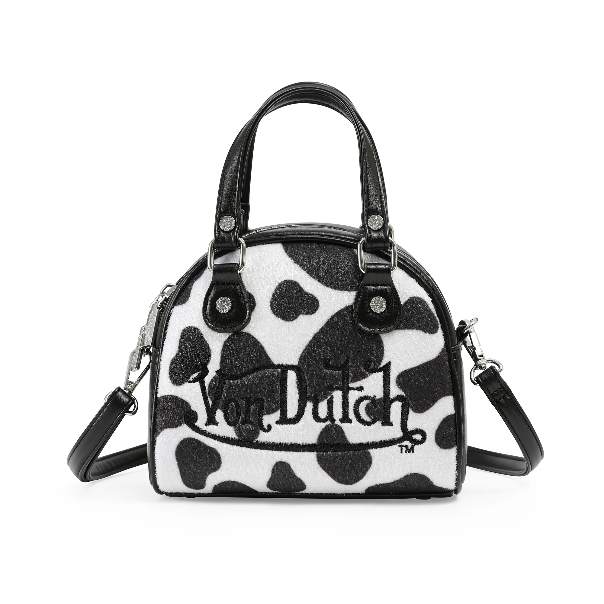 376-black-white-cow-print-vegan-pony-hair-bowling-bag-1.webp Black & White Cow Print Vegan Pony Hair Bowling Bag
