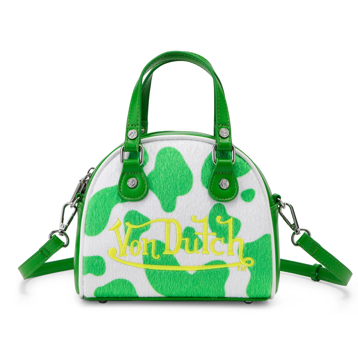 384-green-white-cow-print-vegan-pony-hair-bowling-bag-1.webp Green & White Cow Print Vegan Pony Hair Bowling Bag