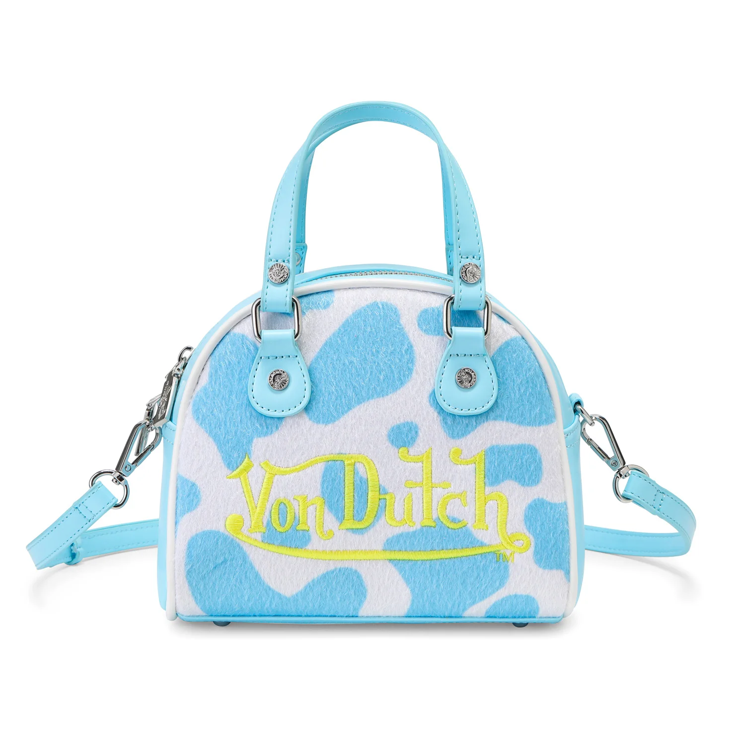 385-light-blue-white-cow-print-vegan-pony-hair-bowling-bag-1.webp Light Blue & White Cow Print Vegan Pony Hair Bowling Bag