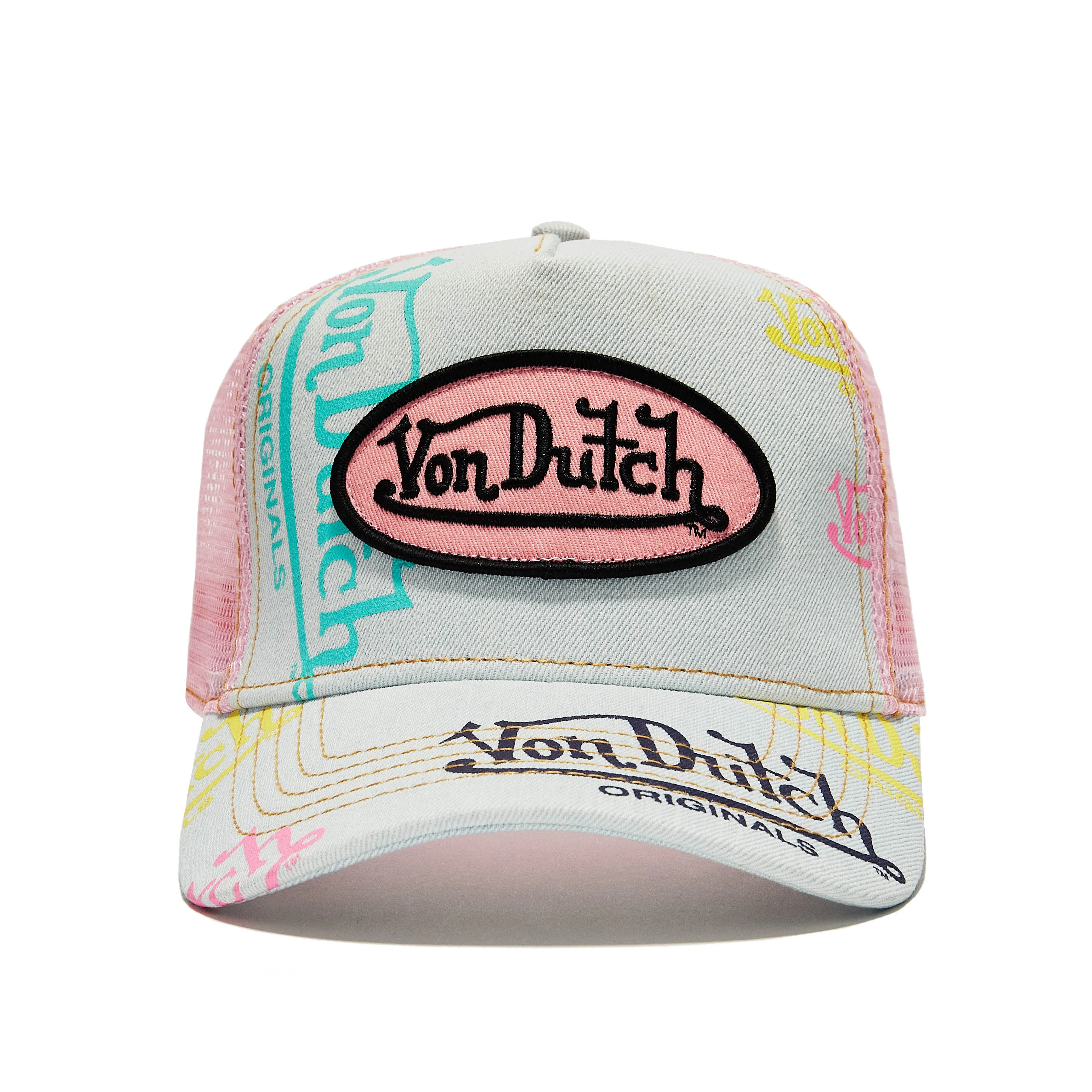 66-light-denim-pink-logo-trucker-hat-1.webp Light Denim Pink Logo Trucker Hat