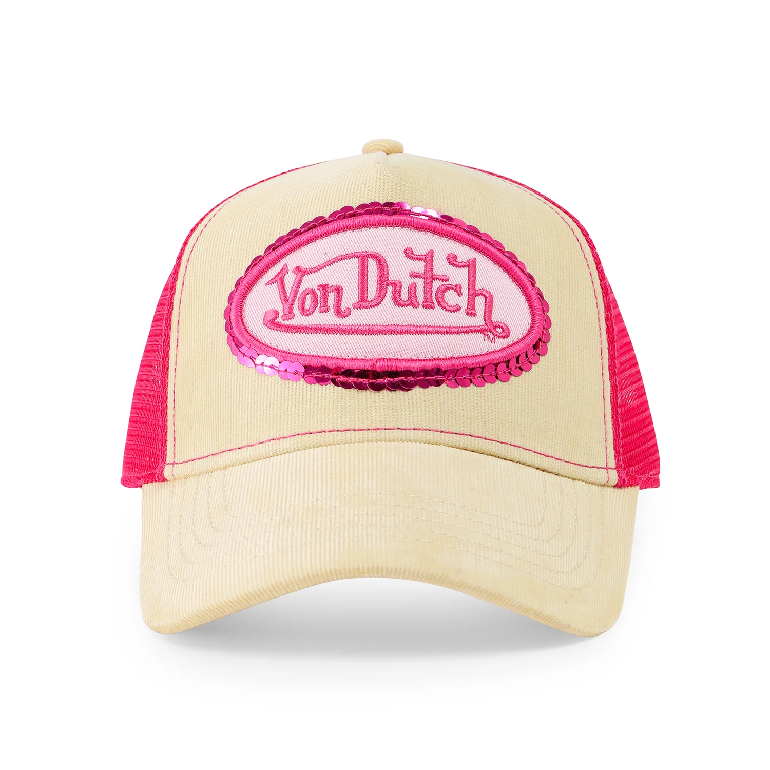 85-pink-sequin-on-beige-trucker-hat-1.webp Pink Sequin on Beige Trucker Hat