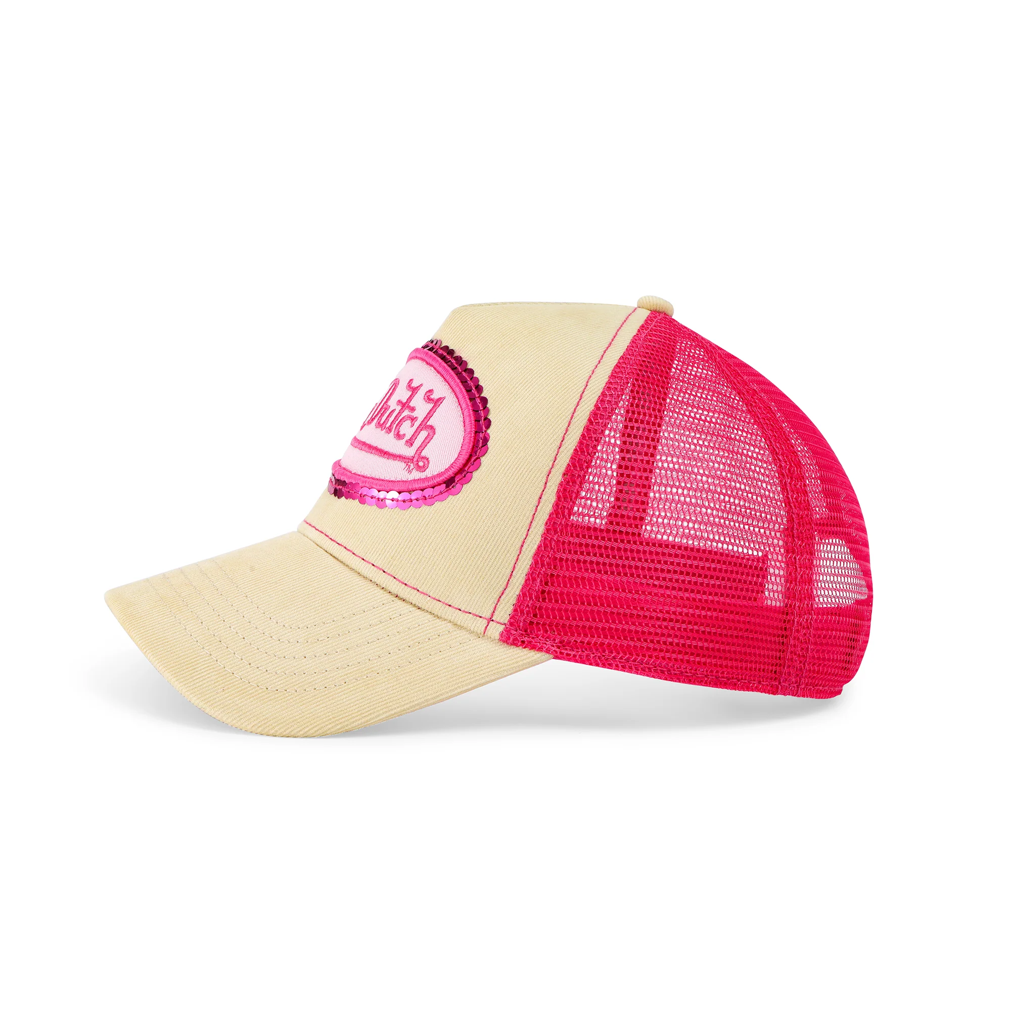 85-pink-sequin-on-beige-trucker-hat-2.webp Pink Sequin on Beige Trucker Hat