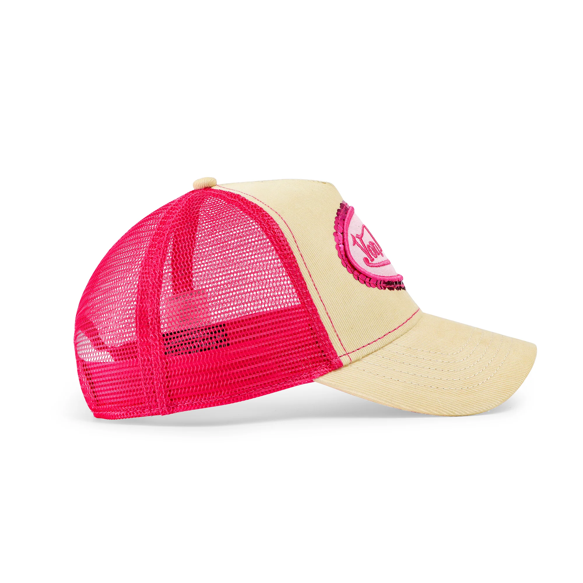 85-pink-sequin-on-beige-trucker-hat-3.webp Pink Sequin on Beige Trucker Hat