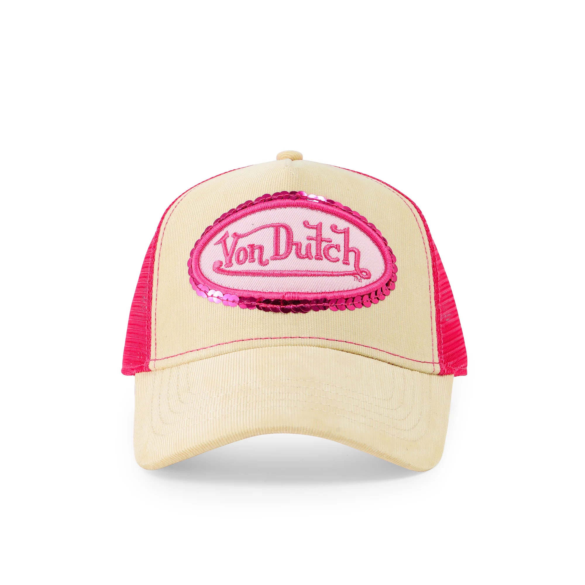 85-pink-sequin-on-beige-trucker-hat-6.webp Pink Sequin on Beige Trucker Hat