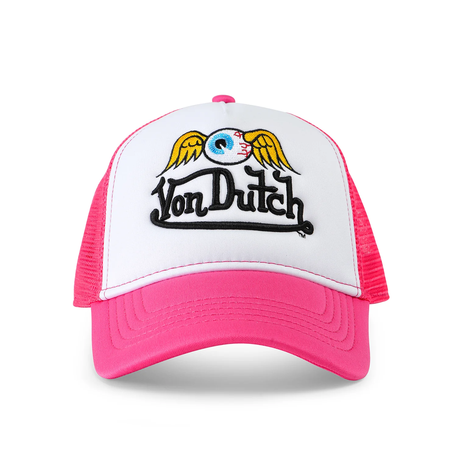 Hot Pink Flying Eyeball Wordmark Trucker Hat